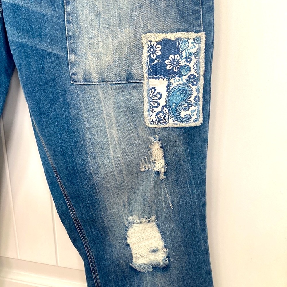 Seven7 Girlfriend Jeans Sz 14 Womens Blue Stretch Denim Distressed Patchwork NEW - Picture 4 of 12